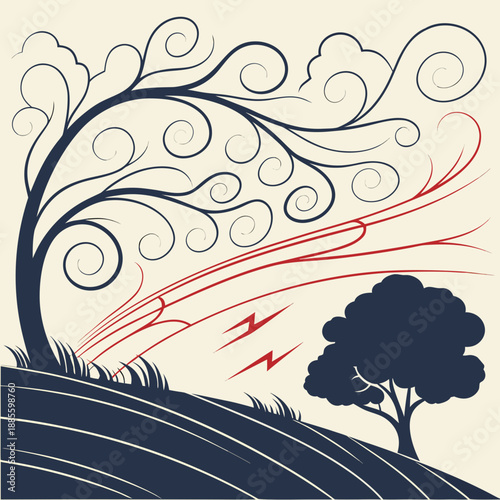 Abstract storm landscape featuring curved vector wind elements, dark modern flat art