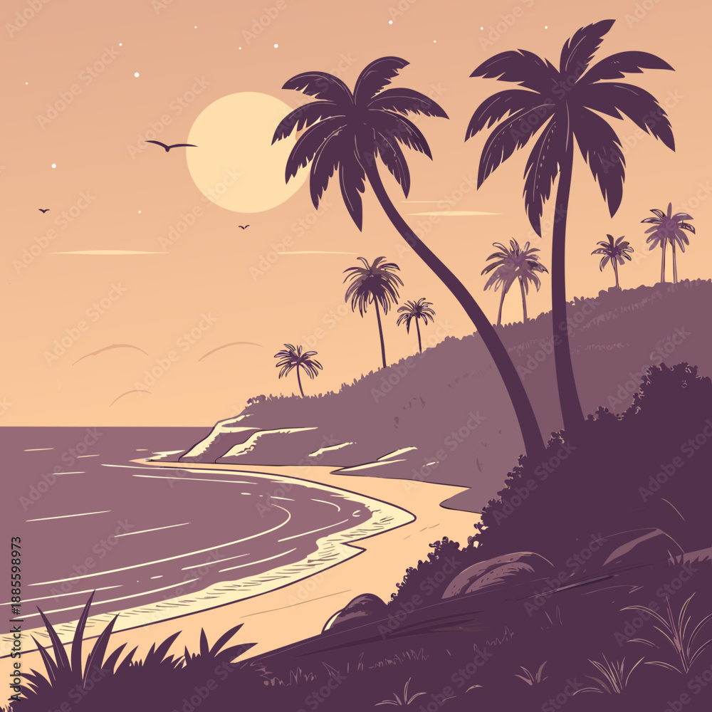 Obraz premium Calm island dusk landscape with a limited palette of vector colors, evoking a serene atmosphere