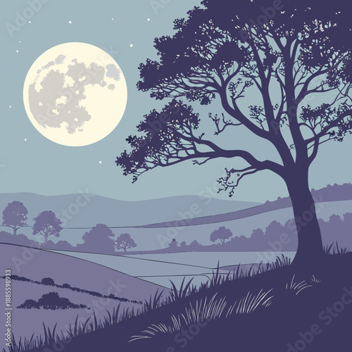 Peaceful dusk landscape with an oversized vector moon and minimalist clouds in soft gradients