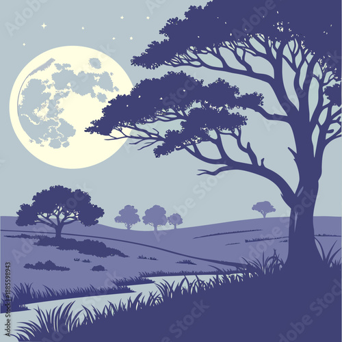 Peaceful dusk landscape with an oversized vector moon and minimalist clouds in soft gradients