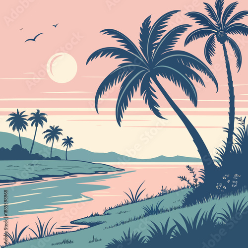Calm island dusk landscape with a limited palette of vector colors, evoking a serene atmosphere