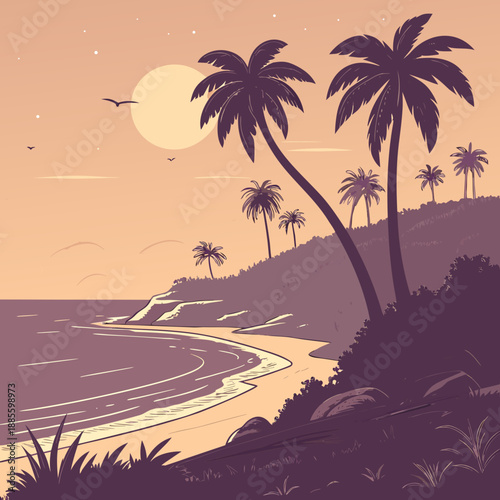 Calm island dusk landscape with a limited palette of vector colors, evoking a serene atmosphere