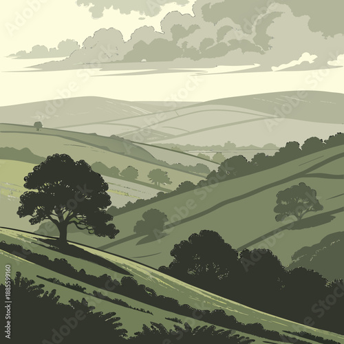 Peaceful hill landscape blanketed in soft clouds, rendered in gentle blues and grays with vector art.