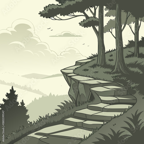 Surreal fantasy cliffside landscape with floating vector staircases leading upwards towards a dreamlike sky.