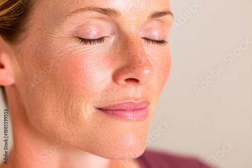 Woman with closed eyes enjoying a moment of peace indoors Generative AI