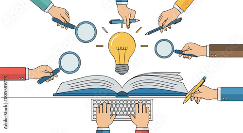Team collaboration and idea generation concept with multiple hands researching, writing, and typing around an open book and a glowing lightbulb.