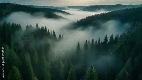 Stunning aerial view of foggy forest valley and trees.