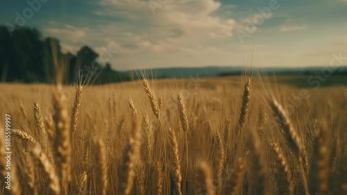Golden wheat field with a cloudy sky on a sunny day.