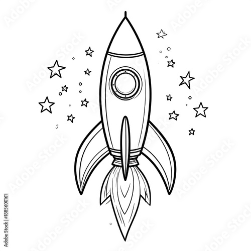 Line art of a rocket blasting off with stars, depicting space exploration