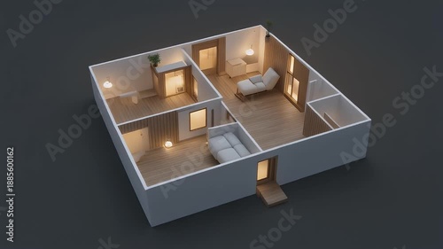 3D render of a modern house interior design plan