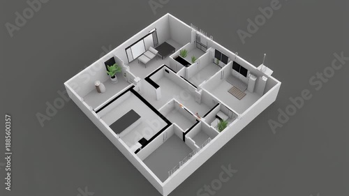 Top view of a white apartment floor plan model.