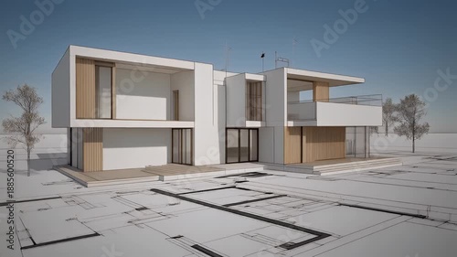 Architectural rendering of a modern house blueprint design.