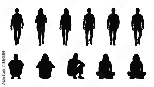 Silhouettes of people in various poses isolated on white background, Vector