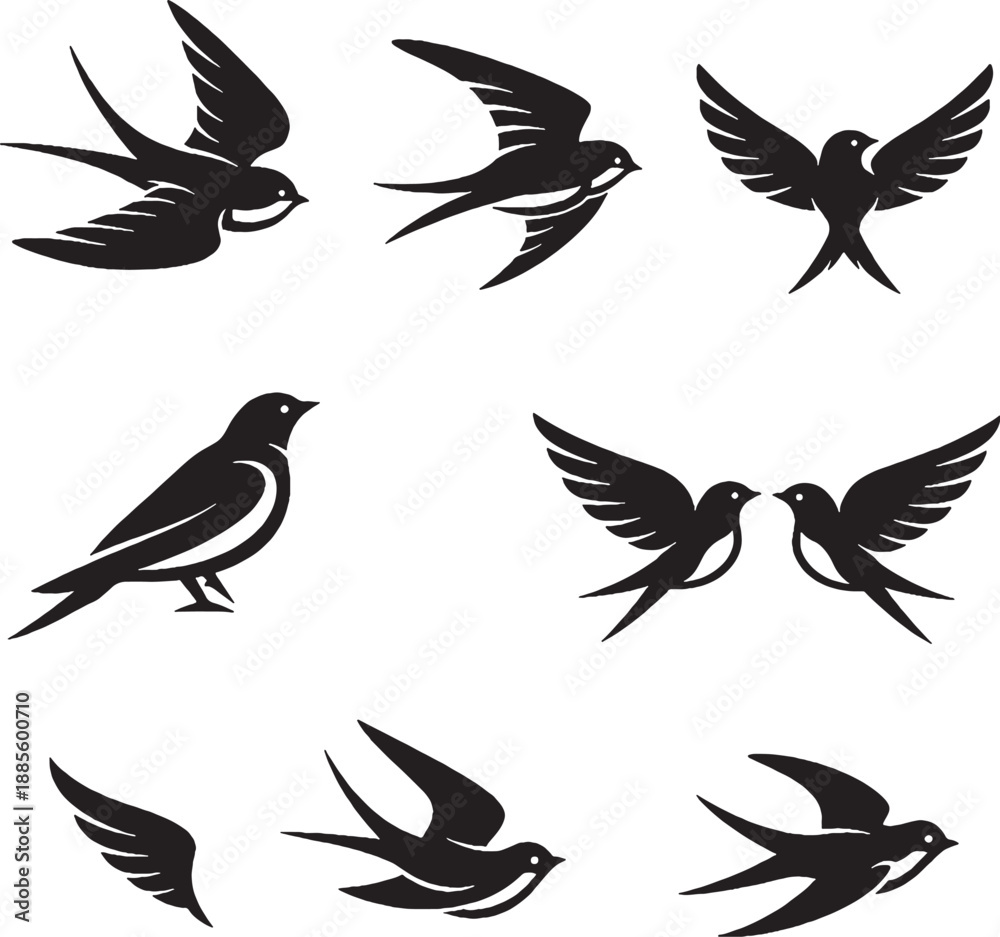 Obraz premium Swallow and Bird Silhouette Tattoo Icon Set Black and White