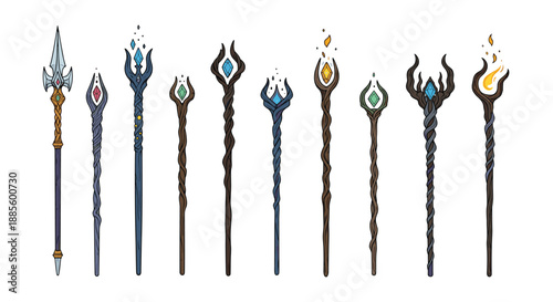 Selection of magical fantasy staves and wands featuring glowing crystals and organic twisted dark wood designs.