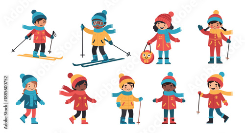Set of diverse children wearing colorful winter jackets and warm scarves enjoying skiing and various snow activities.