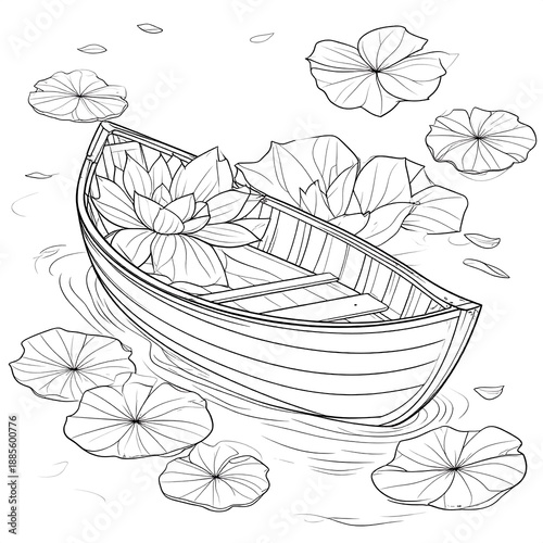 Line art of a rowboat filled with water lilies on a pond with lily pads