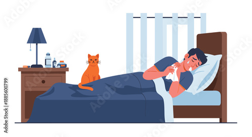 Sick man resting in bed with a fever and runny nose while being comforted by his loyal pet ginger cat companion.