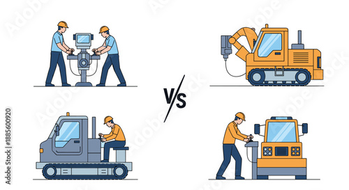 Comparative illustration of traditional construction workers versus autonomous robotic heavy machinery on a site.