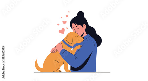 Young woman giving a warm and loving hug to her golden retriever dog with floating heart symbols around them.