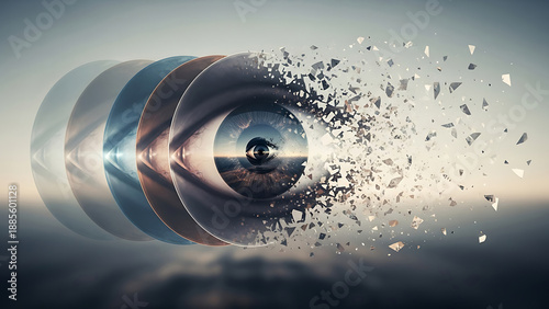 Shattered mirror with broken glass flying out from a reflective spherical surface showing a landscape inside on a cloudy background