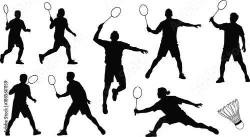 Badminton player silhouettes set, athletic people jumping, smashing, serving with rackets and shuttlecock, professional sports competition vector illustration, fitness activity, isolated icons.