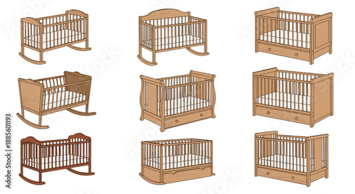 Different styles of wooden baby cribs and cradles in various finishes including rocking and stationary designs.