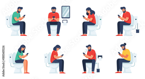 Set of diverse men and women sitting on toilets while focused on their smartphones, illustrating modern bathroom habits.