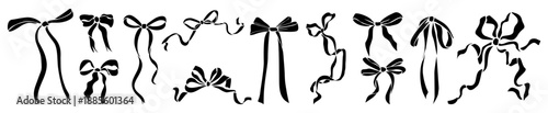 Minimalist black vector illustration set of decorative ribbon bows in various shapes and flowing styles, arranged horizontally on transparent background.