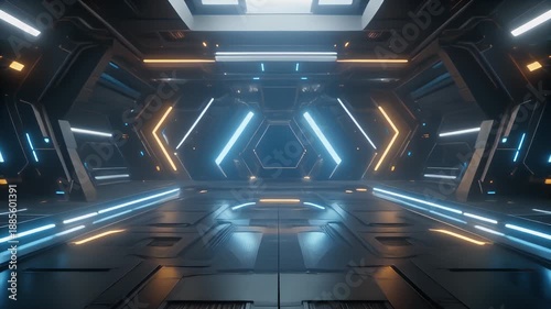 Futuristic sci-fi corridor with vibrant blue and orange lighting. A sleek, metallic interior with hexagonal elements and long linear lights