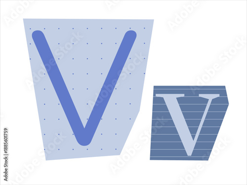 Playful Uppercase and lowercase letters V cut out of paper. Graphic element for a scrapbooking
