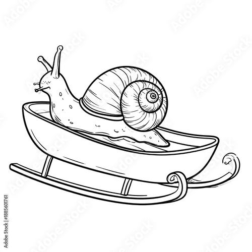 Line art of a snail riding a sled, in a playful and whimsical illustration style