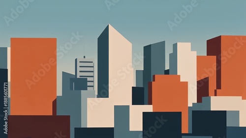 Minimalist architectural illustration of a cityscape. Rectangular and trapezoidal forms make up buildings in shades of orange, grey, and white against a blue sky