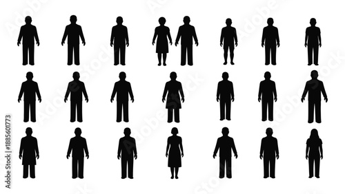 Silhouettes of various human figures isolated on white background, Vector