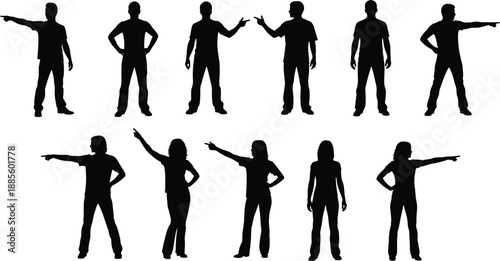 Black silhouettes of diverse men and women standing in various poses pointing fingers directing attention and gesturing on white background