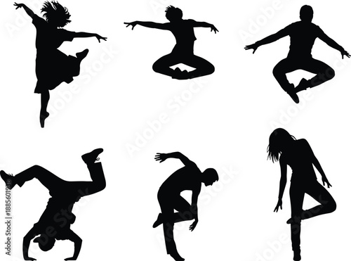 Collection of black silhouettes featuring dancers performing dynamic movements including breakdancing, jumping, expressive contemporary dance, and athletic mid-air acrobatic poses
