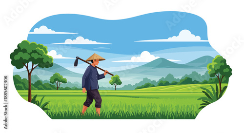Vector illustration of an Asian farmer walking through rice fields at sunrise, carrying a hoe and reflecting peaceful rural agriculture and daily farming routine in flat vector style