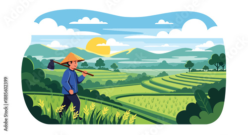Vector illustration of an Asian farmer walking through rice fields at sunrise, carrying a hoe and reflecting peaceful rural agriculture and daily farming routine in flat vector style