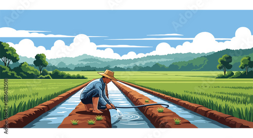 Vector illustration of an Asian farmer checking irrigation channels, managing water flow for crops and supporting sustainable agriculture in a clean flat vector countryside scene