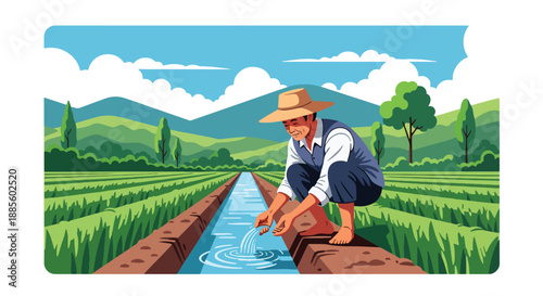 Vector illustration of an Asian farmer checking irrigation channels, managing water flow for crops and supporting sustainable agriculture in a clean flat vector countryside scene