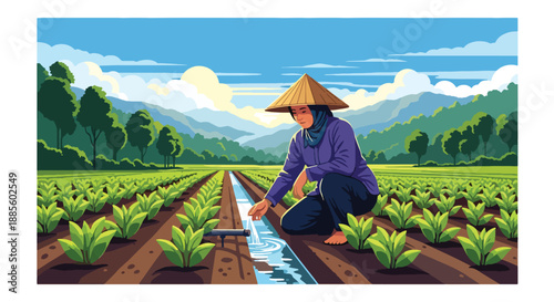 Vector illustration of an Asian farmer checking irrigation channels, managing water flow for crops and supporting sustainable agriculture in a clean flat vector countryside scene
