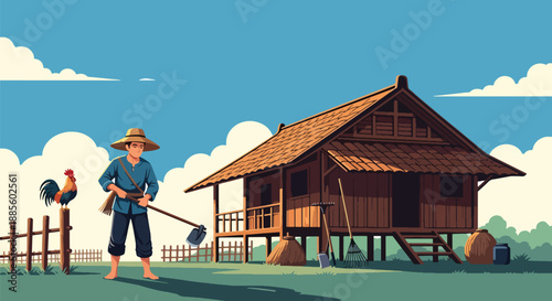 Vector illustration of an Asian farmer waking early and preparing tools at dawn, showing rural dedication, sustainable agriculture lifestyle, and calm countryside morning in flat vector style