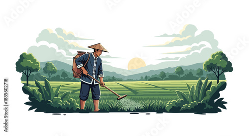 Vector illustration of an Asian farmer spreading fertilizer across crops, maintaining soil health and crop growth in sustainable rural farming shown in flat vector style