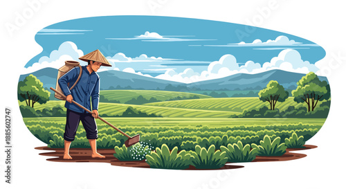 Vector illustration of an Asian farmer spreading fertilizer across crops, maintaining soil health and crop growth in sustainable rural farming shown in flat vector style