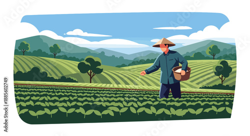 Vector illustration of an Asian farmer spreading fertilizer across crops, maintaining soil health and crop growth in sustainable rural farming shown in flat vector style