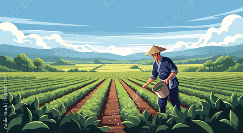 Vector illustration of an Asian farmer spreading fertilizer across crops, maintaining soil health and crop growth in sustainable rural farming shown in flat vector style
