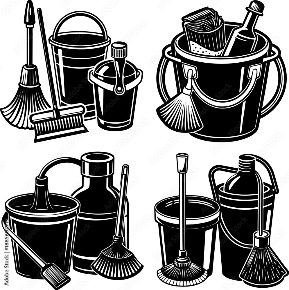 custom made wallpaper toronto digitalSet of A black and white illustration featuring a bucket, broom, and brush.