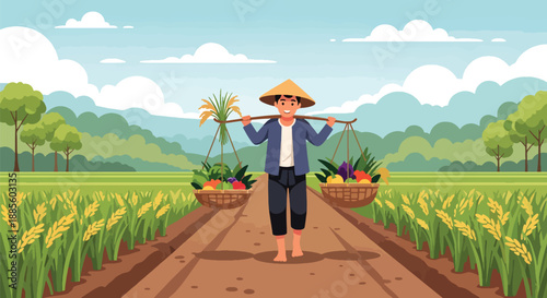 Vector illustration of an Asian farmer carrying harvested crops on a shoulder pole, reflecting traditional transport and hardworking rural agriculture lifestyle in flat vector style