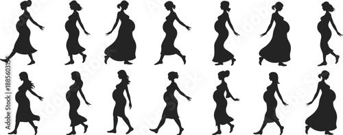Set of Beautiful Silhouettes of Pregnant Women Walking and Posing in Long Dresses Isolated on White Background for Maternity Design Concepts