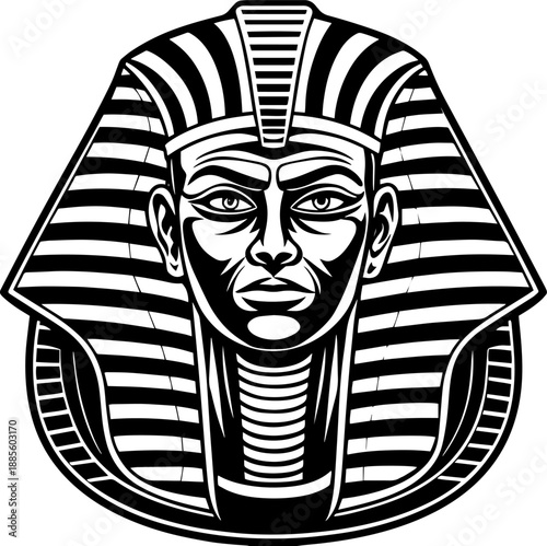 A black and white illustration of King Tutankhamun's burial mask.